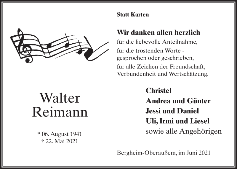  Traueranzeige für Walter Reimann vom 18.06.2021 aus  Werbepost 
