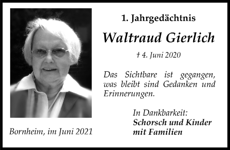  Traueranzeige für Waltraud Gierlich vom 04.06.2021 aus  Schlossbote/Werbekurier 