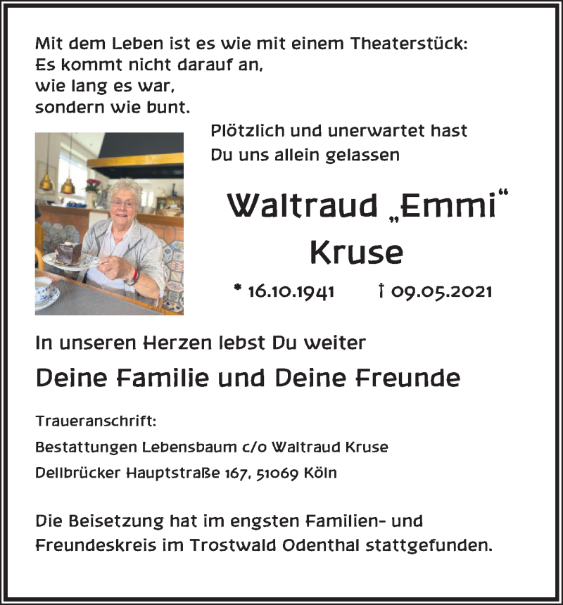  Traueranzeige für Waltraud Kruse vom 05.06.2021 aus Kölner Stadt-Anzeiger / Kölnische Rundschau / Express