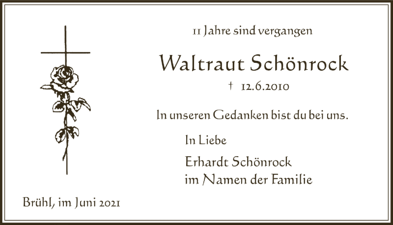  Traueranzeige für Waltraut Schönrock vom 18.06.2021 aus  Schlossbote/Werbekurier 