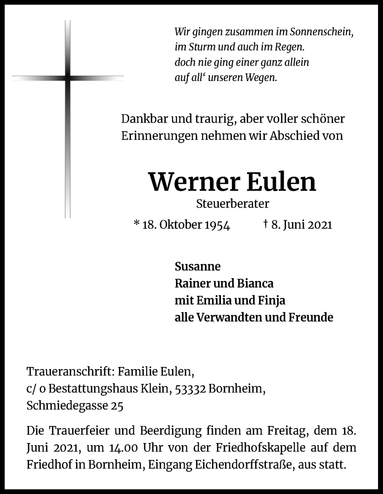  Traueranzeige für Werner Eulen vom 12.06.2021 aus Kölner Stadt-Anzeiger / Kölnische Rundschau / Express