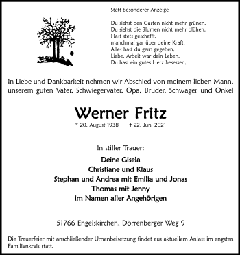 Anzeige von Werner Fritz von Kölner Stadt-Anzeiger / Kölnische Rundschau / Express