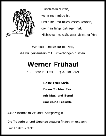 Anzeige von Werner Frühauf von Kölner Stadt-Anzeiger / Kölnische Rundschau / Express