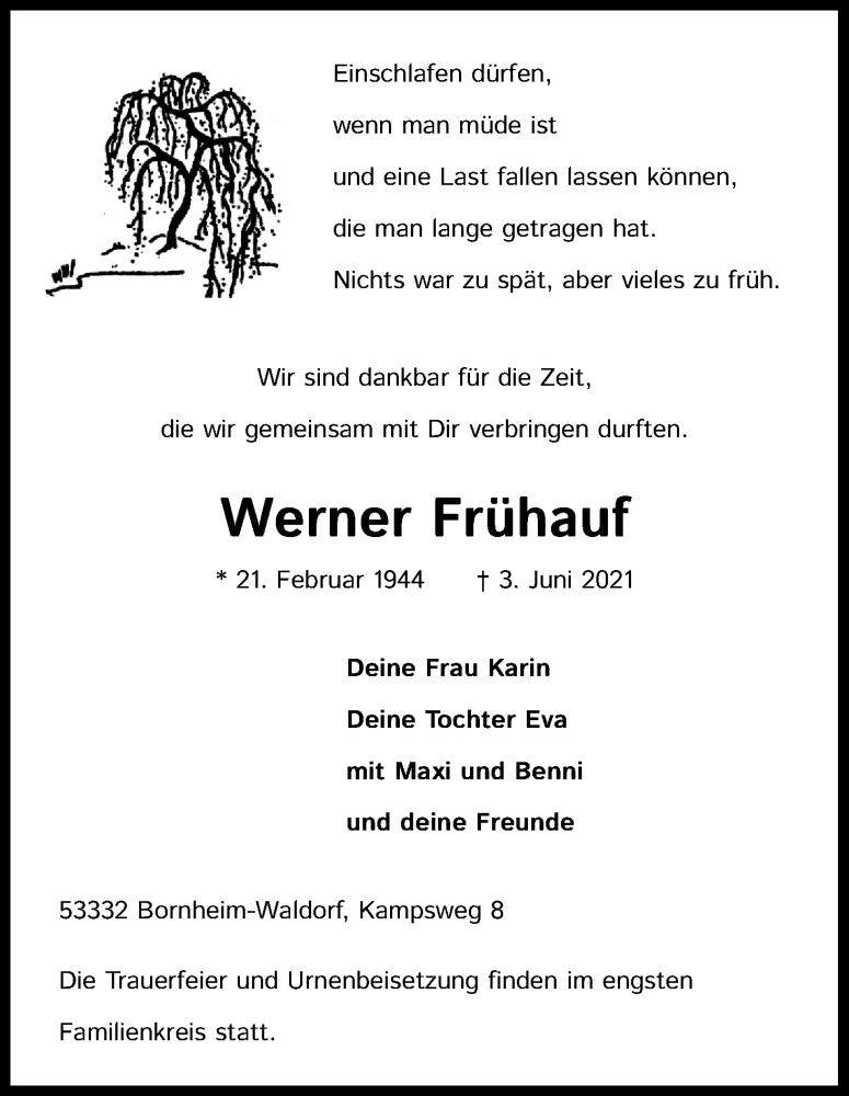  Traueranzeige für Werner Frühauf vom 12.06.2021 aus Kölner Stadt-Anzeiger / Kölnische Rundschau / Express