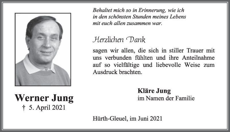  Traueranzeige für Werner Jung vom 04.06.2021 aus  Wochenende 