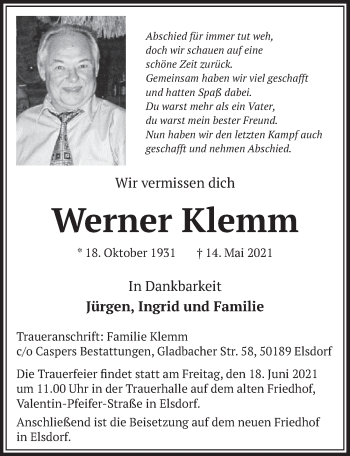 Anzeige von Werner Klemm von  Werbepost 