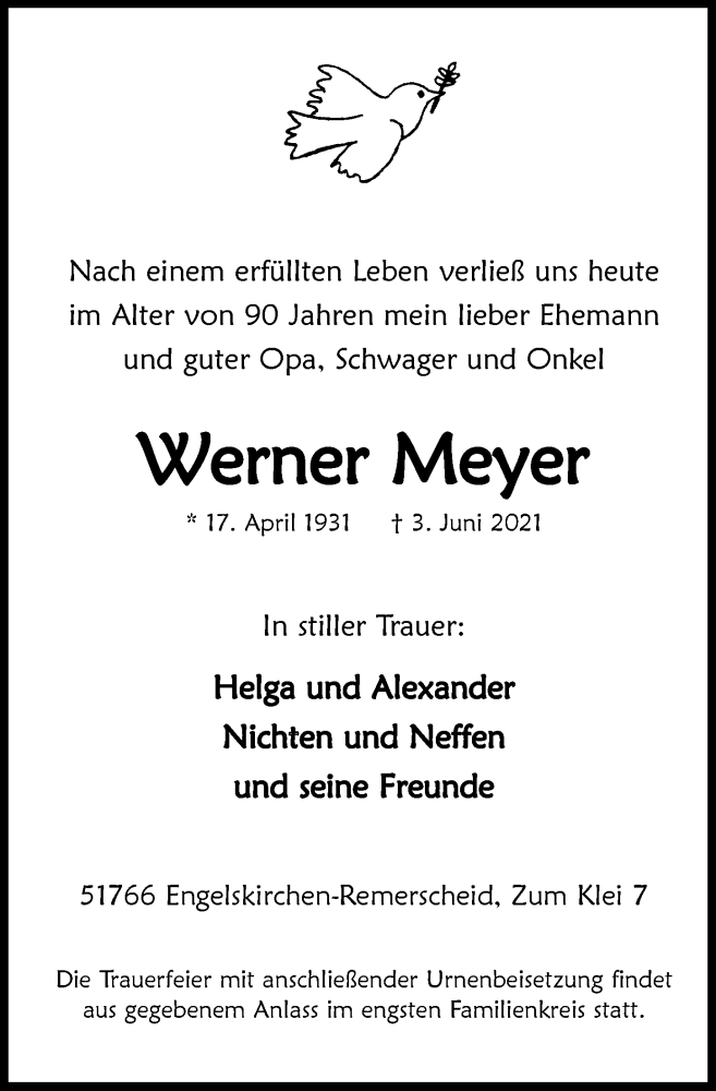 Traueranzeige für Werner Meyer vom 11.06.2021 aus  Anzeigen Echo 