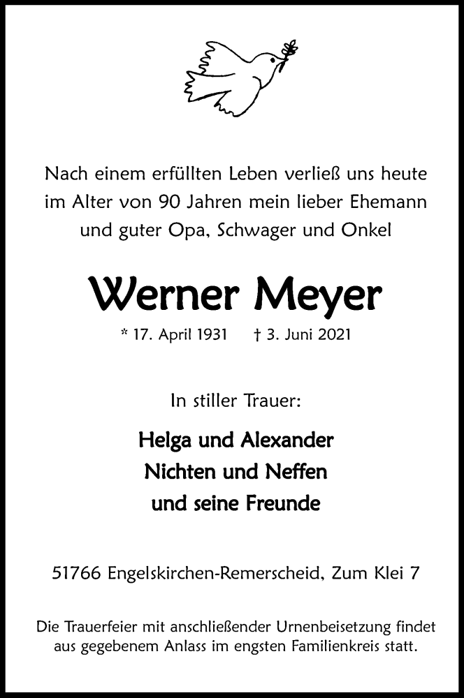  Traueranzeige für Werner Meyer vom 09.06.2021 aus Kölner Stadt-Anzeiger / Kölnische Rundschau / Express