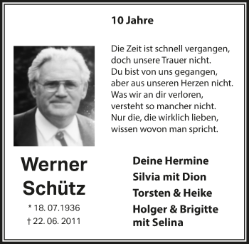 Anzeige von Werner Schütz von  Lokalanzeiger 