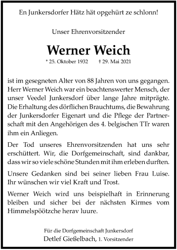 Anzeige von Werner Weich von  Kölner Wochenspiegel 
