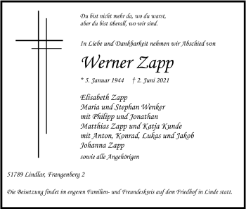 Anzeige von Werner Zapp von Kölner Stadt-Anzeiger / Kölnische Rundschau / Express
