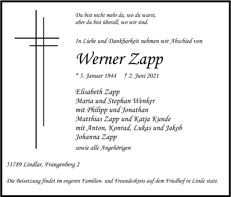  Traueranzeige für Werner Zapp vom 12.06.2021 aus Kölner Stadt-Anzeiger / Kölnische Rundschau / Express