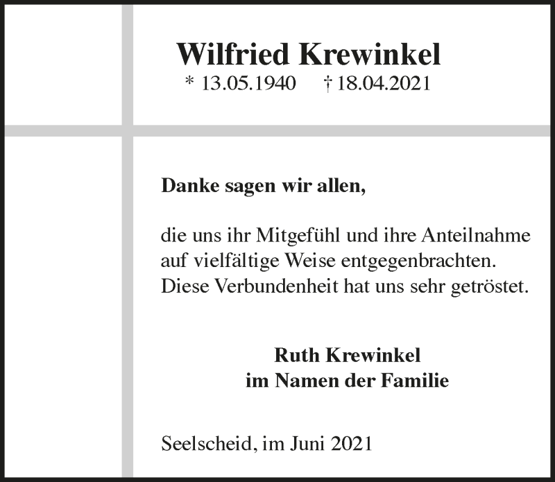  Traueranzeige für Wilfried Krewinkel vom 25.06.2021 aus  Extra Blatt 