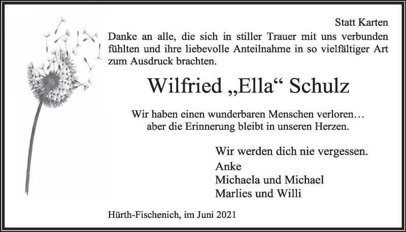  Traueranzeige für Wilfried Schulz vom 25.06.2021 aus  Wochenende 