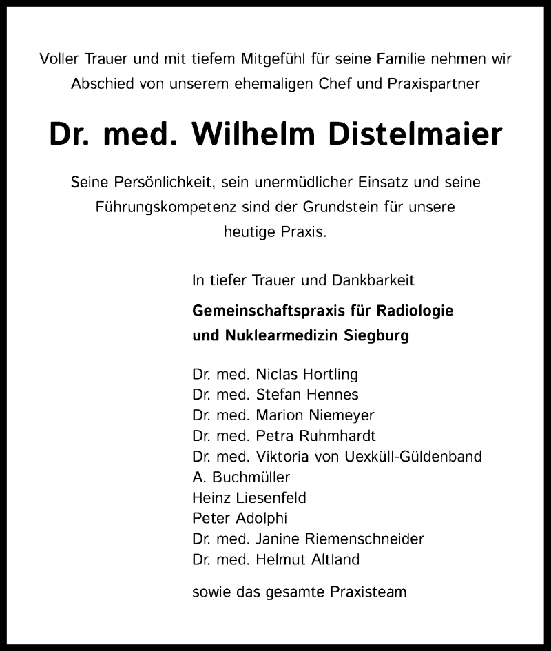  Traueranzeige für Wilhelm Distelmaier vom 05.06.2021 aus Kölner Stadt-Anzeiger / Kölnische Rundschau / Express