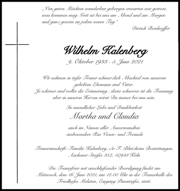 Anzeige von Wilhelm Kalenberg von Kölner Stadt-Anzeiger / Kölnische Rundschau / Express