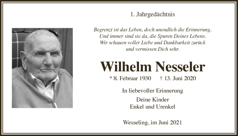  Traueranzeige für Wilhelm Nesseler vom 11.06.2021 aus  Schlossbote/Werbekurier 