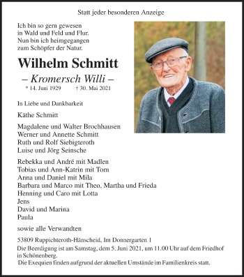 Anzeige von Wilhelm Schmitt von Kölner Stadt-Anzeiger / Kölnische Rundschau / Express