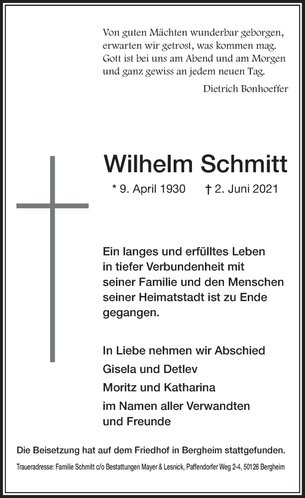  Traueranzeige für Wilhelm Schmitt vom 11.06.2021 aus  Werbepost 