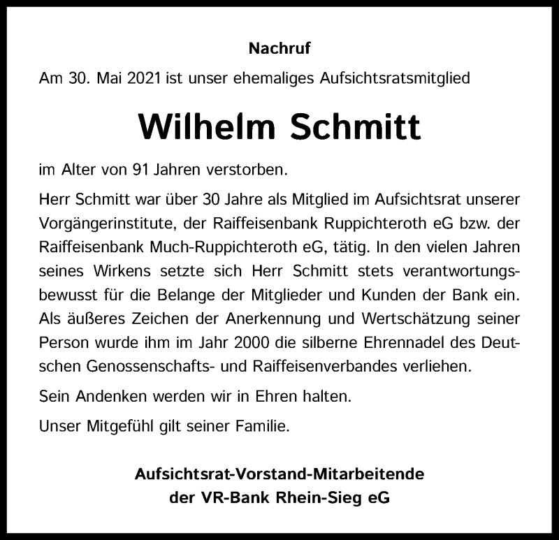  Traueranzeige für Wilhelm Schmitt vom 07.06.2021 aus Kölner Stadt-Anzeiger / Kölnische Rundschau / Express