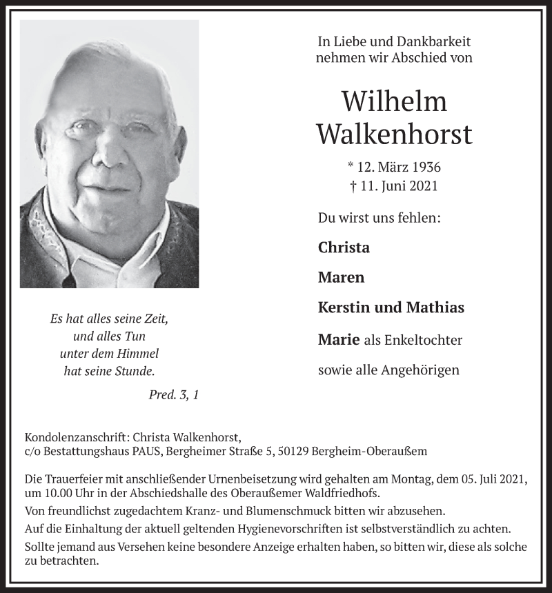  Traueranzeige für Wilhelm Walkenhorst vom 25.06.2021 aus  Werbepost 