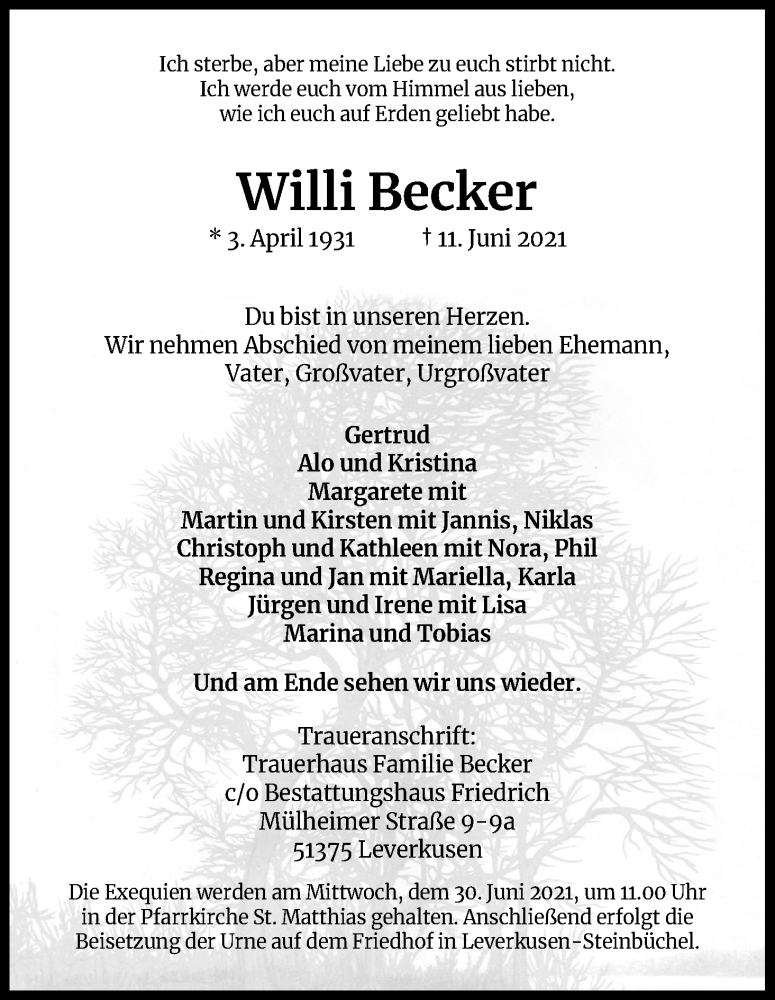  Traueranzeige für Willi Becker vom 26.06.2021 aus Kölner Stadt-Anzeiger / Kölnische Rundschau / Express