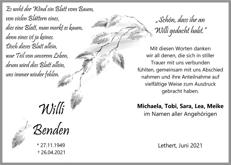  Traueranzeige für Willi Benden vom 12.06.2021 aus  Blickpunkt Euskirchen 