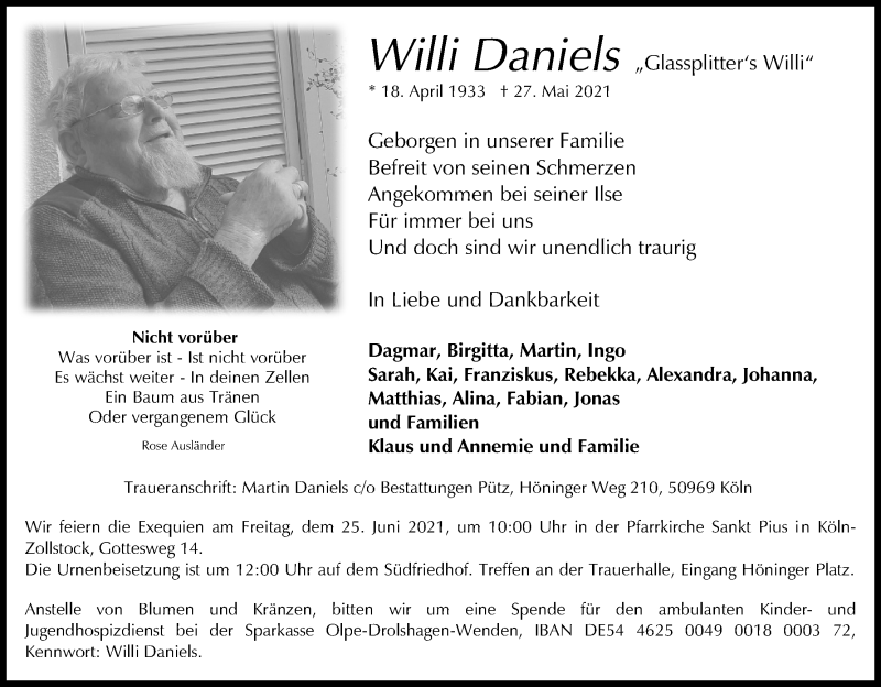  Traueranzeige für Willi Daniels vom 12.06.2021 aus Kölner Stadt-Anzeiger / Kölnische Rundschau / Express