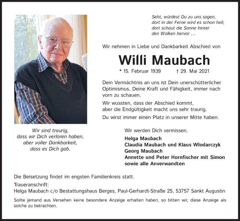  Traueranzeige für Willi Maubach vom 05.06.2021 aus Kölner Stadt-Anzeiger / Kölnische Rundschau / Express