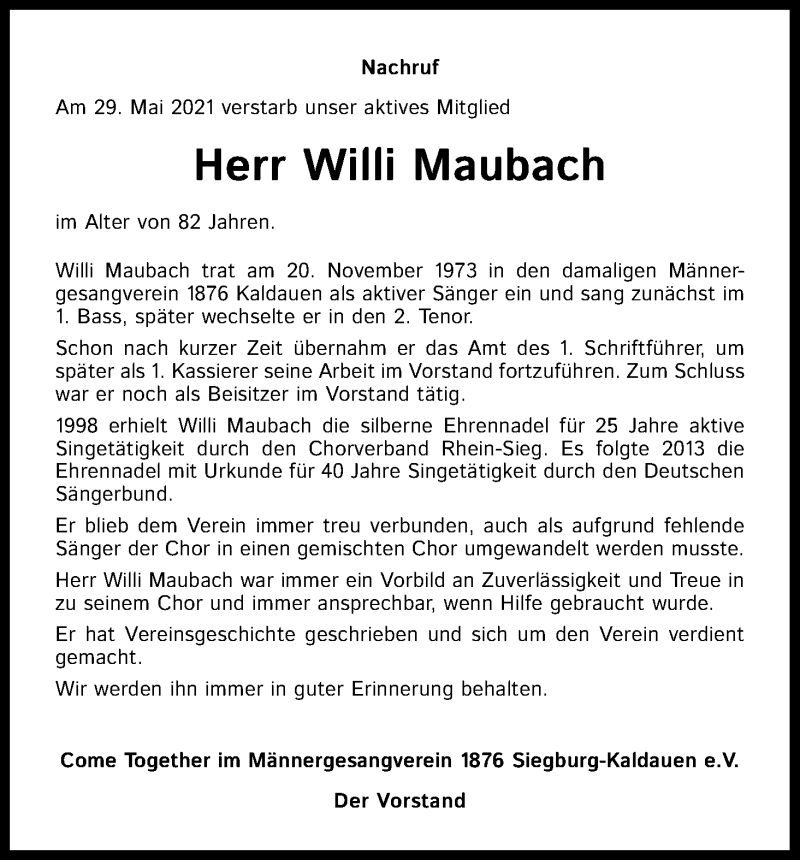  Traueranzeige für Willi Maubach vom 19.06.2021 aus Kölner Stadt-Anzeiger / Kölnische Rundschau / Express