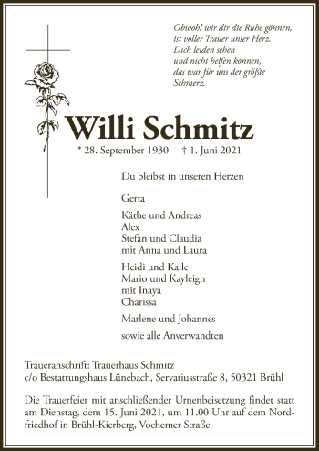 Anzeige von Willi Schmitz von  Schlossbote/Werbekurier 