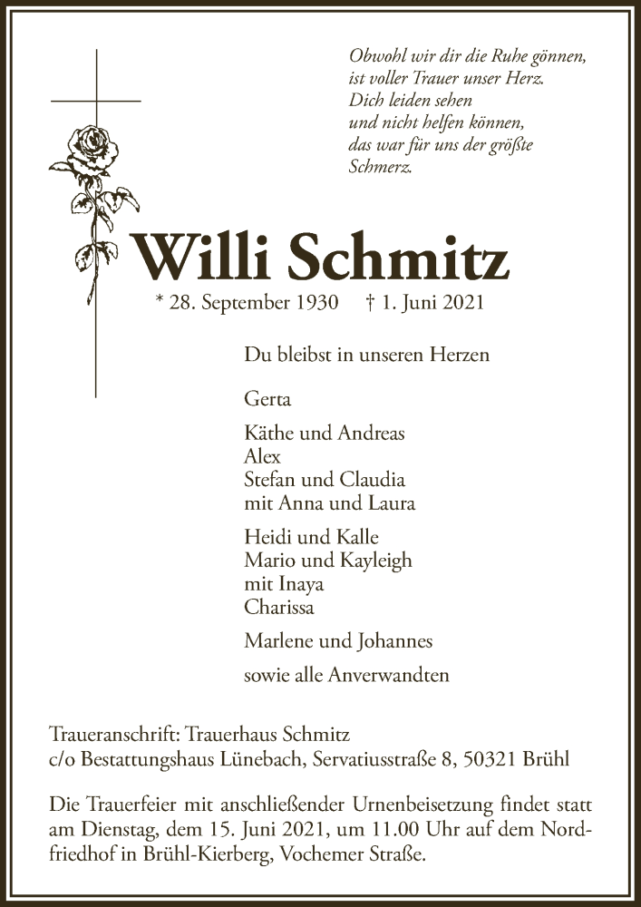  Traueranzeige für Willi Schmitz vom 11.06.2021 aus  Schlossbote/Werbekurier 
