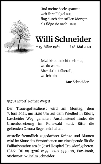 Anzeige von Willi Schneider von Kölner Stadt-Anzeiger / Kölnische Rundschau / Express