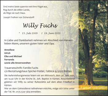 Anzeige von Willy Fuchs von Kölner Stadt-Anzeiger / Kölnische Rundschau / Express