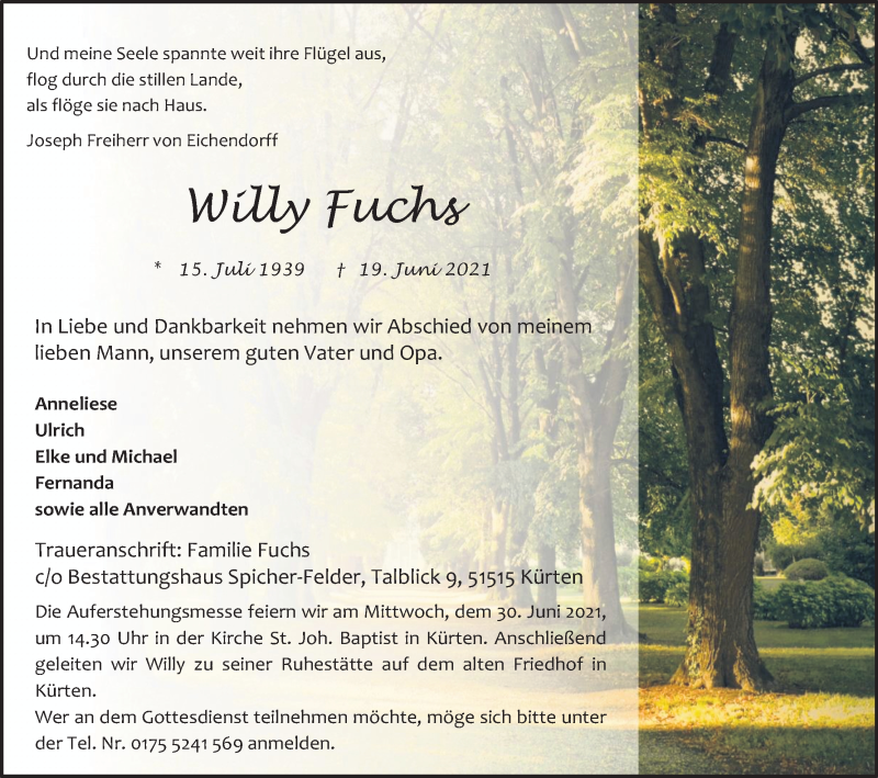  Traueranzeige für Willy Fuchs vom 26.06.2021 aus Kölner Stadt-Anzeiger / Kölnische Rundschau / Express