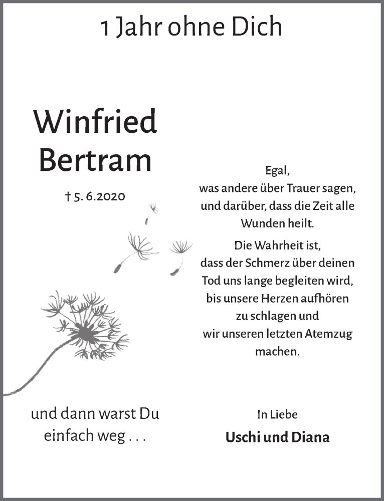  Traueranzeige für Winfried Bertram vom 05.06.2021 aus  Blickpunkt Euskirchen 