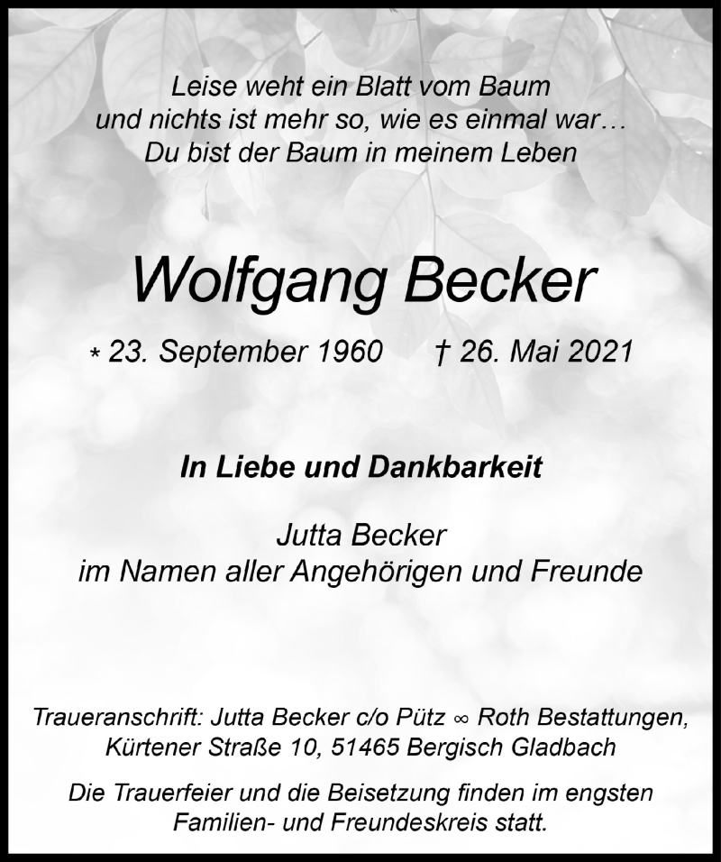  Traueranzeige für Wolfgang Becker vom 11.06.2021 aus  Lokalanzeiger 