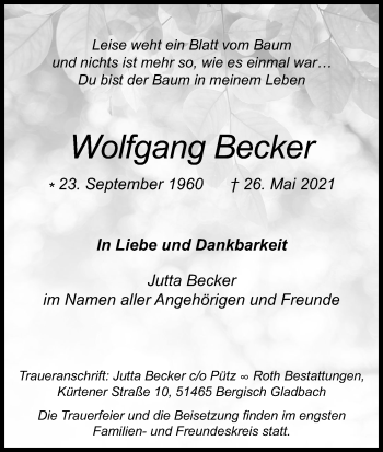 Anzeige von Wolfgang Becker von Kölner Stadt-Anzeiger / Kölnische Rundschau / Express