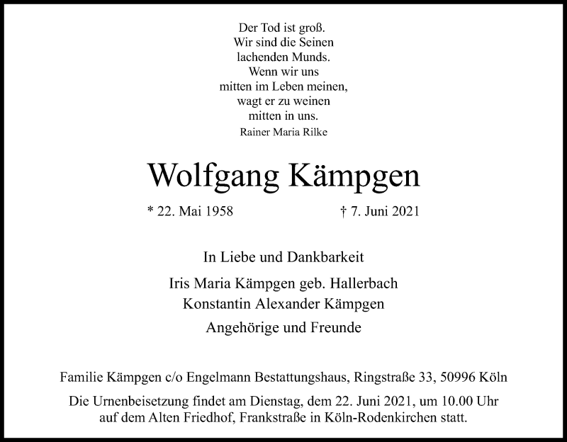  Traueranzeige für Wolfgang Kämpgen vom 12.06.2021 aus Kölner Stadt-Anzeiger / Kölnische Rundschau / Express