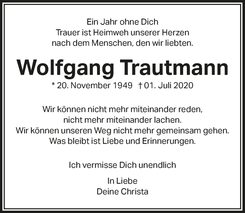  Traueranzeige für Wolfgang Trautmann vom 26.06.2021 aus  Blickpunkt Euskirchen 