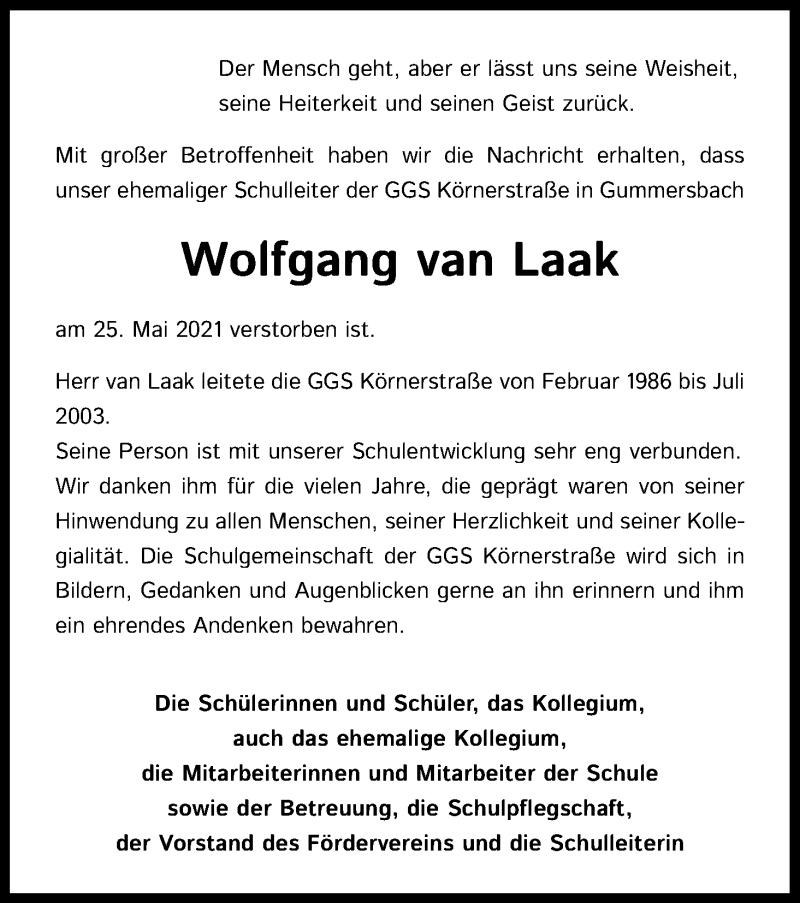  Traueranzeige für Wolfgang van Laak vom 03.06.2021 aus Kölner Stadt-Anzeiger / Kölnische Rundschau / Express