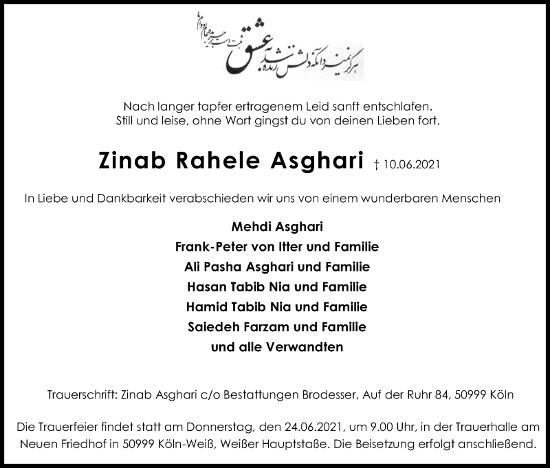 Traueranzeige für Zinab Rahele Asghari vom 19.06.2021 aus Kölner Stadt-Anzeiger / Kölnische Rundschau / Express
