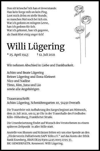 Anzeige von Willi Lügering von Kölner Stadt-Anzeiger / Kölnische Rundschau / Express