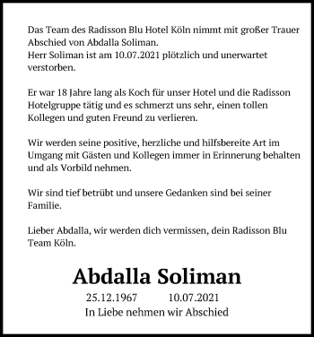 Anzeige von Abdalla Soliman von Kölner Stadt-Anzeiger / Kölnische Rundschau / Express