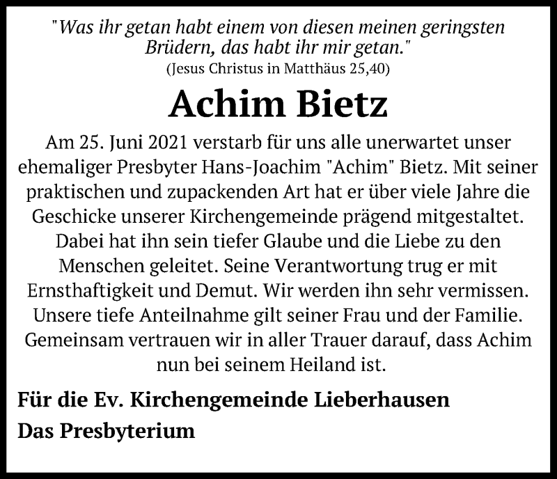  Traueranzeige für Achim Bietz vom 06.07.2021 aus Kölner Stadt-Anzeiger / Kölnische Rundschau / Express