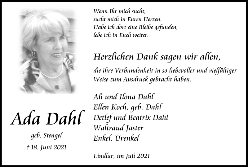  Traueranzeige für Ada Dahl vom 17.07.2021 aus Kölner Stadt-Anzeiger / Kölnische Rundschau / Express