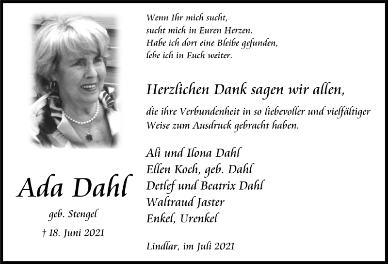  Traueranzeige für Ada Dahl vom 16.07.2021 aus  Anzeigen Echo 