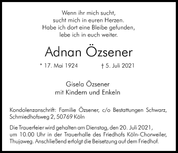 Anzeige von Adnan Ozsener von Kölner Stadt-Anzeiger / Kölnische Rundschau / Express