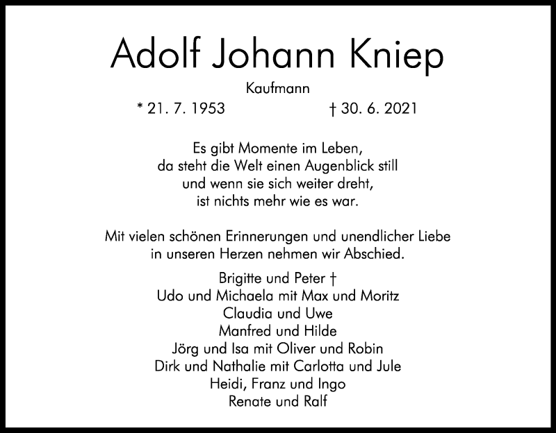  Traueranzeige für Adolf Johann Kniep vom 10.07.2021 aus Kölner Stadt-Anzeiger / Kölnische Rundschau / Express