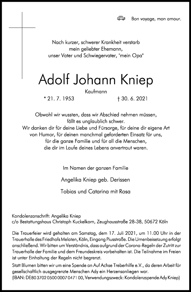  Traueranzeige für Adolf Johann Kniep vom 10.07.2021 aus Kölner Stadt-Anzeiger / Kölnische Rundschau / Express